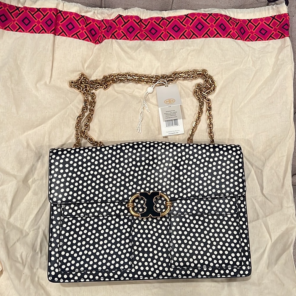 Tory Burch Gemini Link Polka Dot Printed Chain Shoulder Bag, Navy and White
